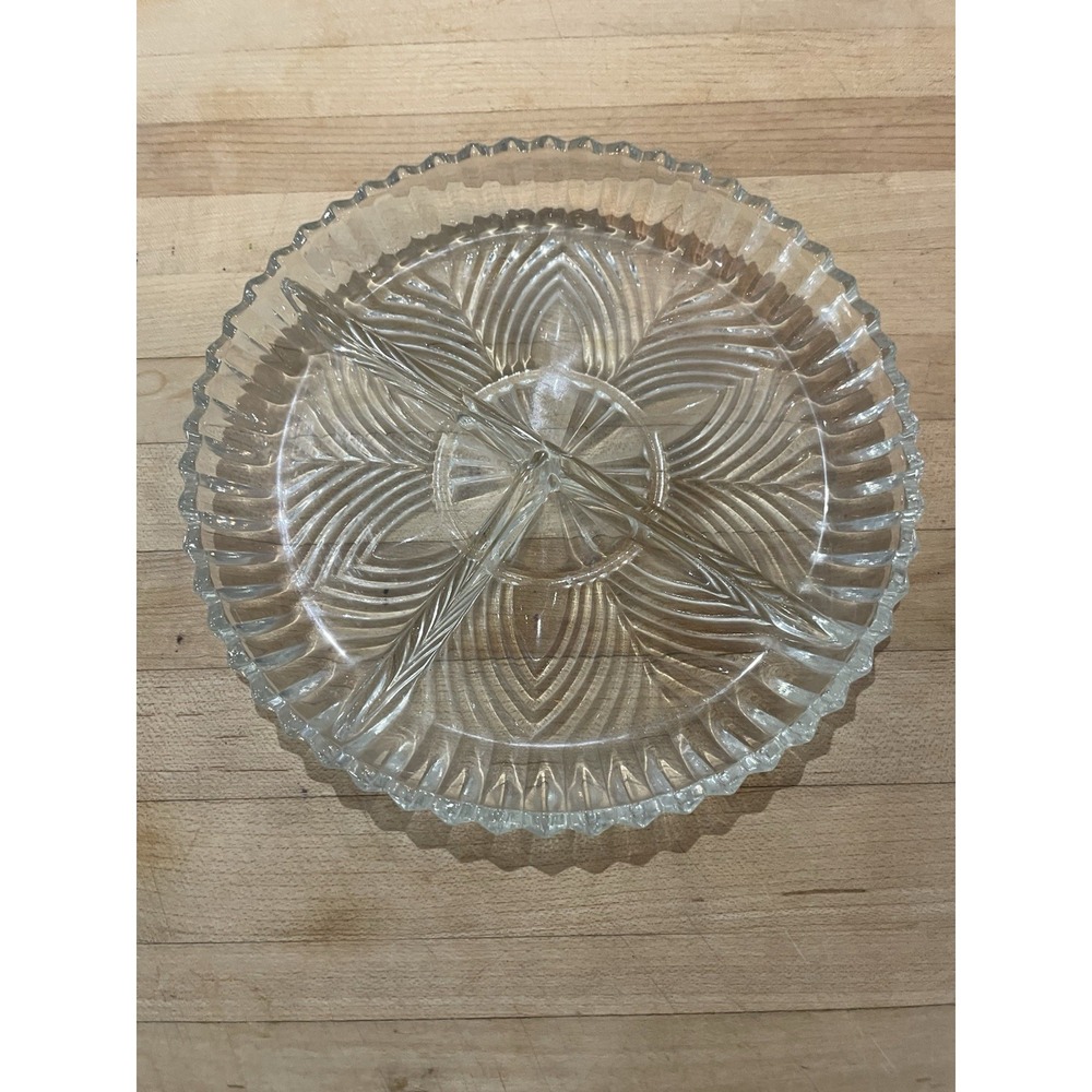 Vtg 7" Round Clear Indiana Glass Pattern Sawtooth Divided Relish Tray Charcuteri